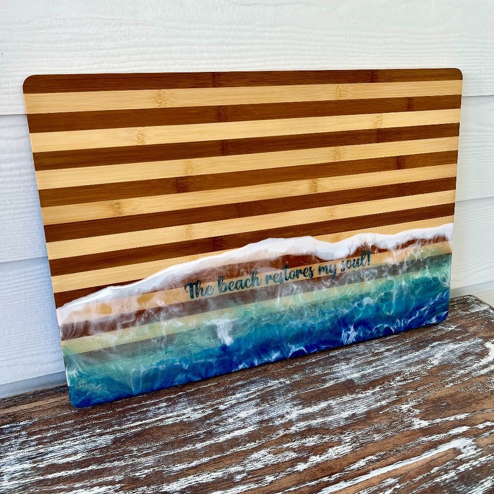 XL "Beach Restores My Soul" Ocean Waves Resin Wooden Cutting/Charcuterie Board